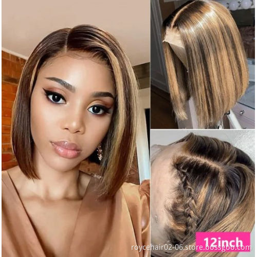 Wholesale Peruvian Virgin Human Hair Bob Wig Highlight Brown P4/30 Colored T Part Lace Front Wig
